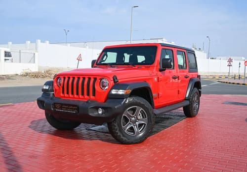 Used 2019 Jeep Wrangler Unlimited Sport Red – Left Front Diagonal (45°) View at First Choice Cars Sharjah