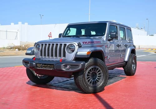 Used 2020 Jeep Wrangler Unlimited Rubicon Silver – Left Front Diagonal (45°) View at First Choice Cars Sharjah