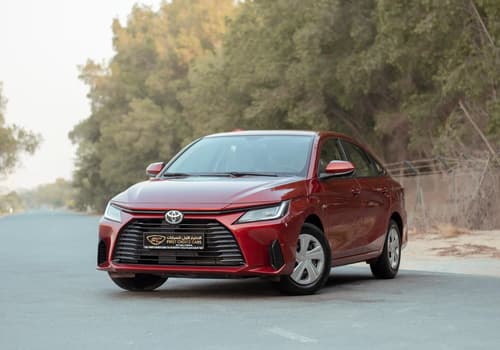 Used 2023 Toyota Yaris E Red – Left Front Diagonal (45°) View at First Choice Cars Sharjah