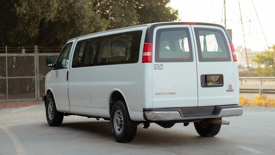 Used 2019 GMC Savana 3500 in White – Left Back Diagonal (45°) View for Sale at First Choice Cars Dubai Sharjah