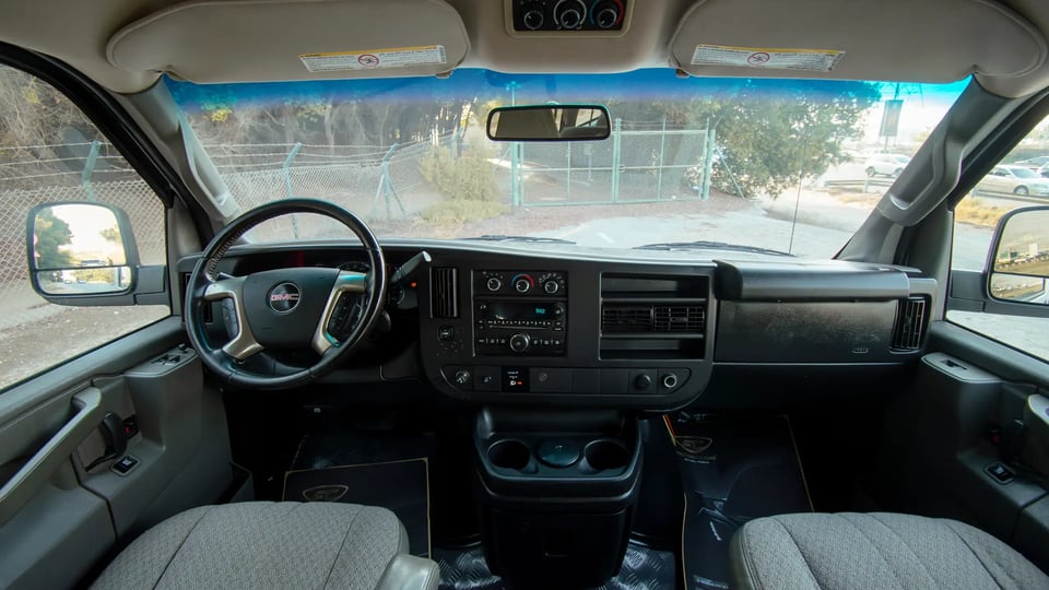 Used 2019 GMC Savana 3500 in White – Front Cabin / Dashboard Full View for Sale at First Choice Cars Dubai Sharjah