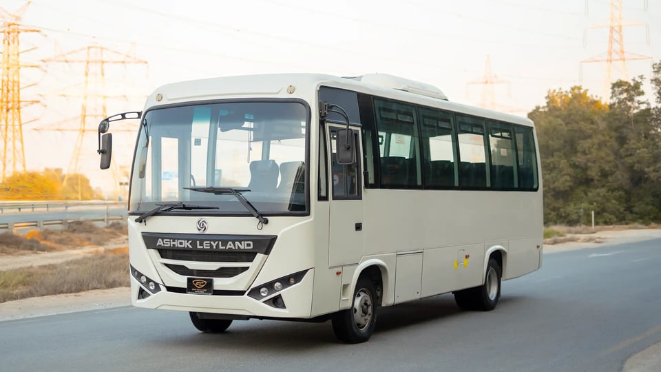 Used 2022 Ashok Leyland Oyster Bus in White – Left Front Diagonal (45°) View for Sale at First Choice Cars Dubai Sharjah