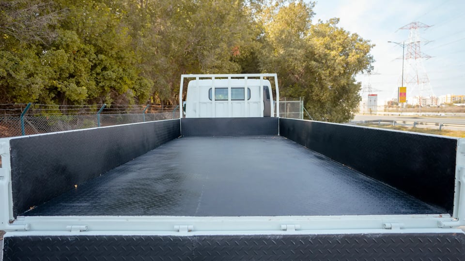 Used 2023 Mitsubishi Canter Cargo Body in White – Boot / Trunk Space Open View for Sale at First Choice Cars Dubai Sharjah