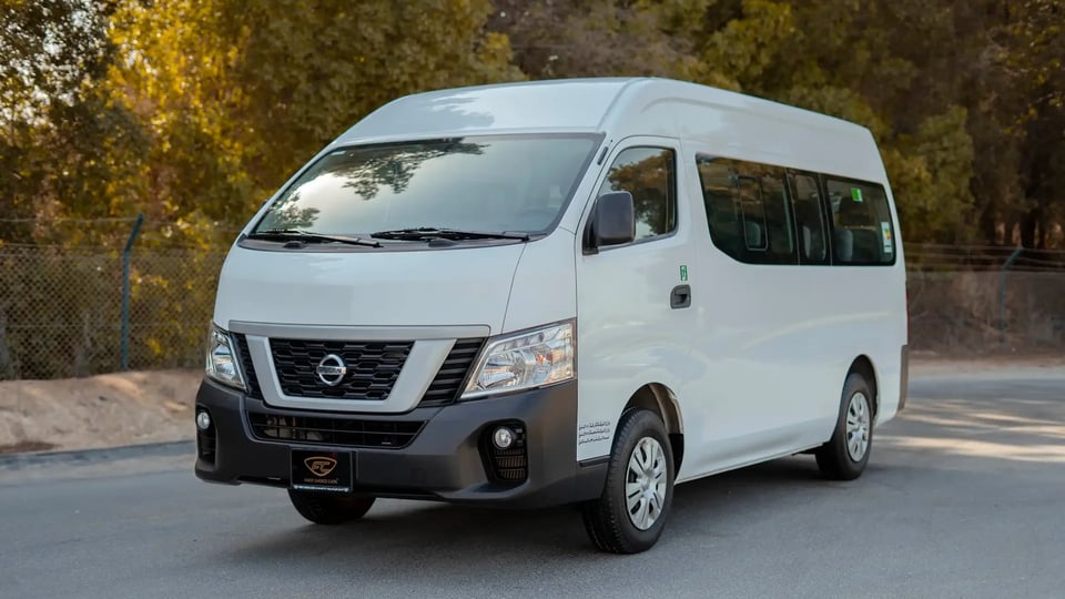 Used 2019 Nissan Urvan High Roof in White – Left Front Diagonal (45°) View for Sale at First Choice Cars Dubai Sharjah