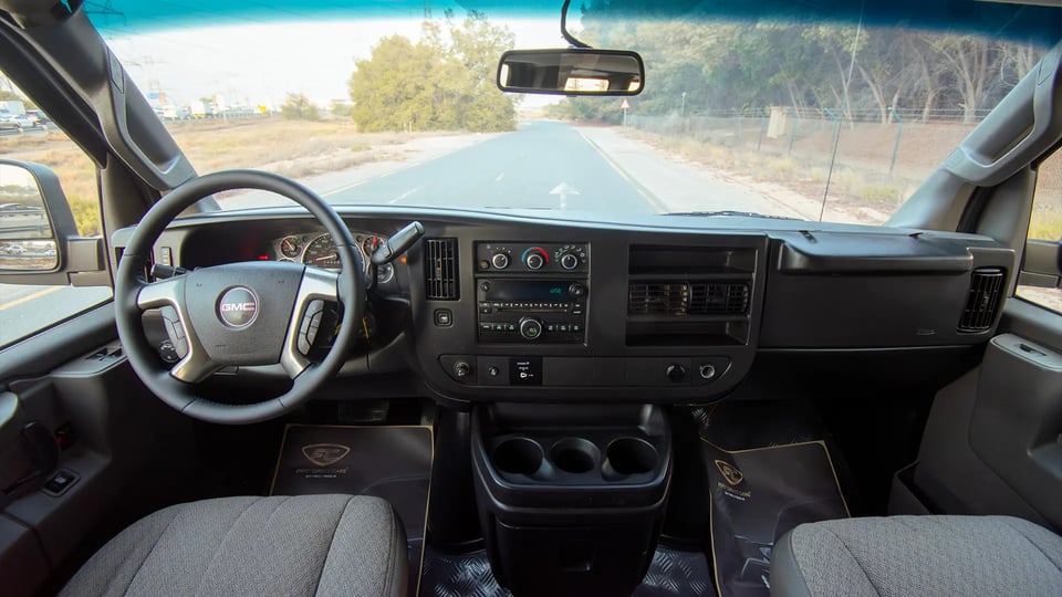 Used 2019 GMC Savana Passanger Van in Blue – Front Cabin / Dashboard Full View for Sale at First Choice Cars Dubai Sharjah