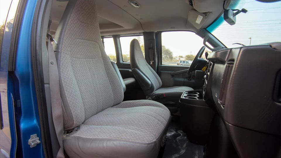 Used 2019 GMC Savana Passanger Van in Blue – Front Passenger Side Cabin View for Sale at First Choice Cars Dubai Sharjah