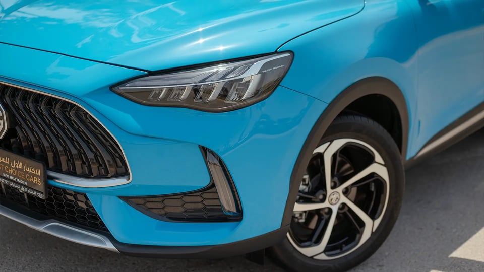 Used 2024 MG HS 30T in Blue – Headlight Close-up for Sale at First Choice Cars Dubai Sharjah