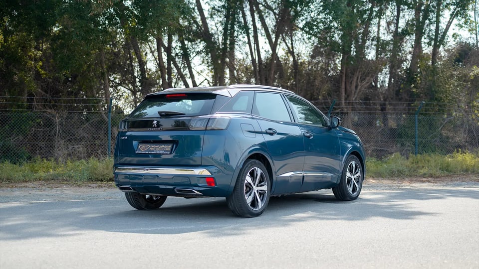 Used 2022 Peugeot 3008 Hybrid 4 GT in Blue – Right Back Diagonal (45°) View for Sale at First Choice Cars Dubai Sharjah