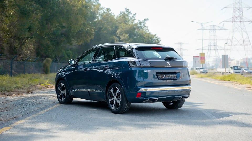 Used 2022 Peugeot 3008 Hybrid 4 GT in Blue – Left Back Diagonal (45°) View for Sale at First Choice Cars Dubai Sharjah