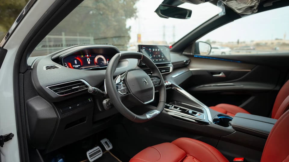 Used 2024 Peugeot 5008 GT Line in White – Driver Side Dashboard & Steering View for Sale at First Choice Cars Dubai Sharjah