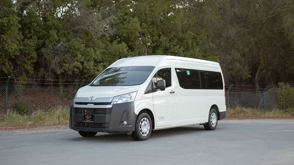 Used 2025 Toyota Hiace GLX High Roof in White – Left Front Diagonal (45°) View for Sale at First Choice Cars Dubai Sharjah