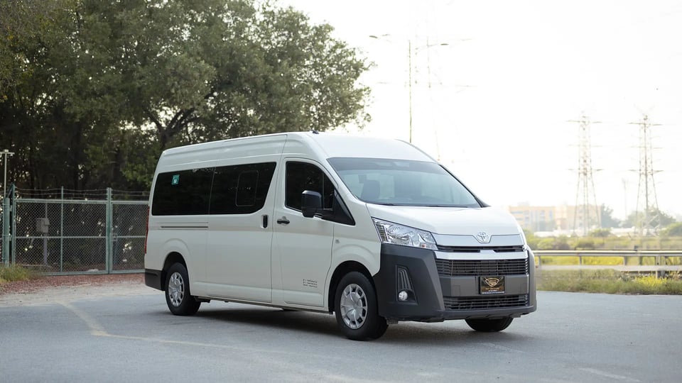 Used 2025 Toyota Hiace GLX High Roof in White – Right Front Diagonal (45°) View for Sale at First Choice Cars Dubai Sharjah