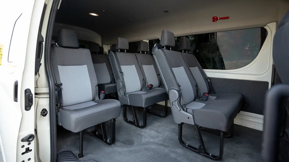 Used 2025 Toyota Hiace GLX High Roof in White – Rear Passenger Side Cabin View for Sale at First Choice Cars Dubai Sharjah