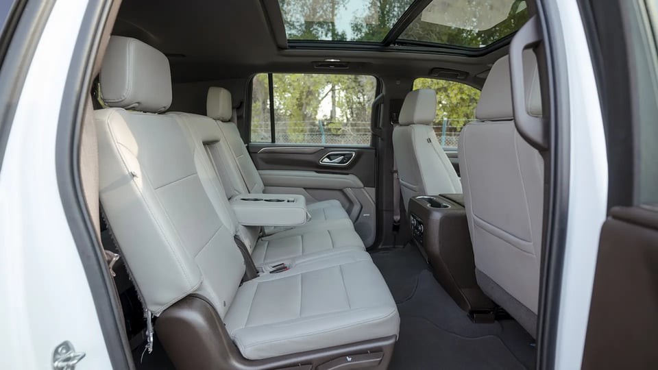Used 2023 Chevrolet Suburban LT in White – Rear Passenger Side Cabin View for Sale at First Choice Cars Dubai Sharjah