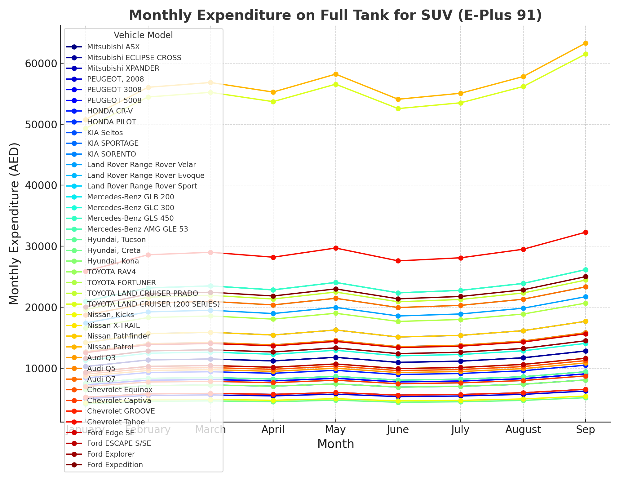 SUV E Plus 91 Colorful Monthly Expenditure Line Plot