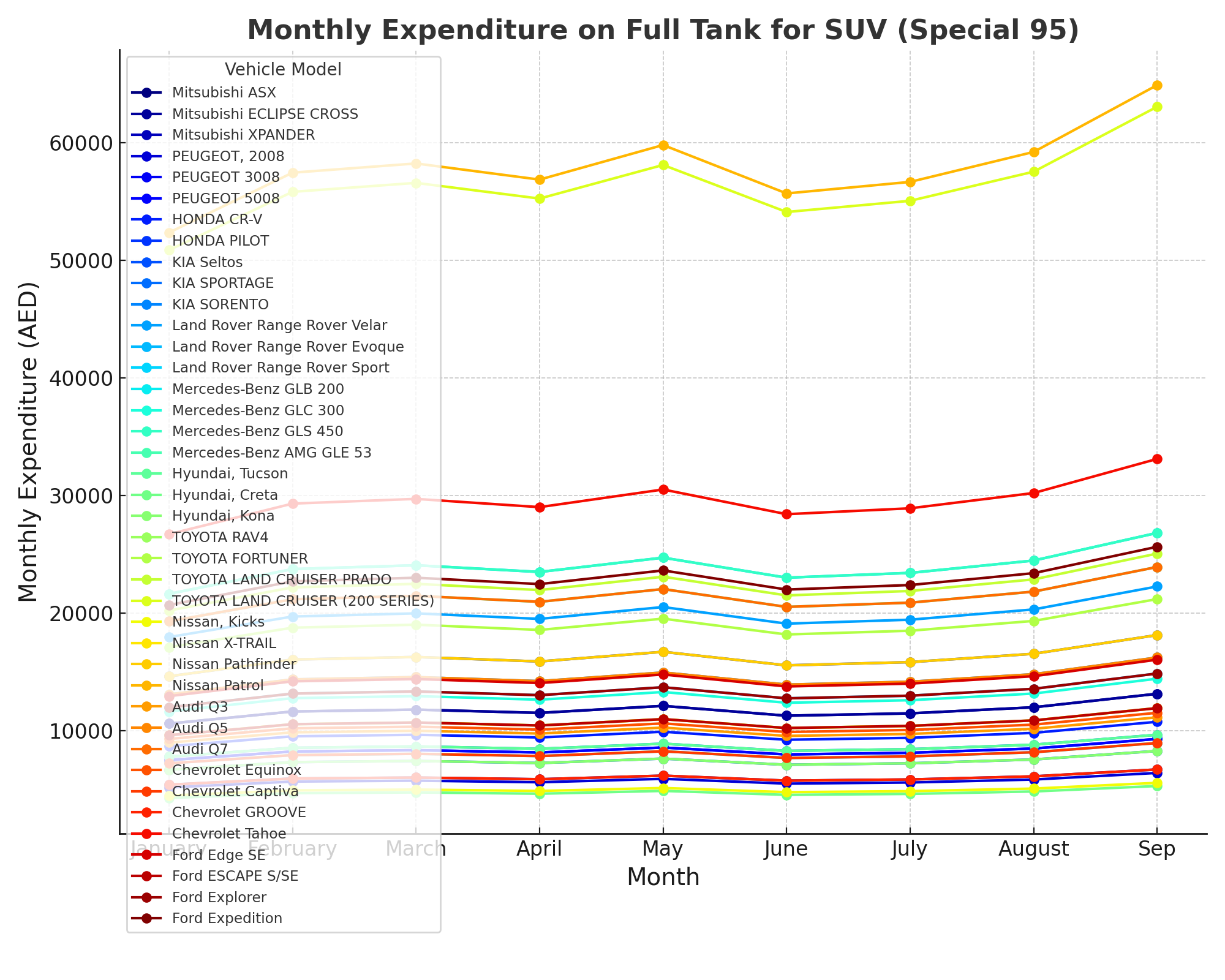 SUV Special 95 Colorful Monthly Expenditure Line Plot