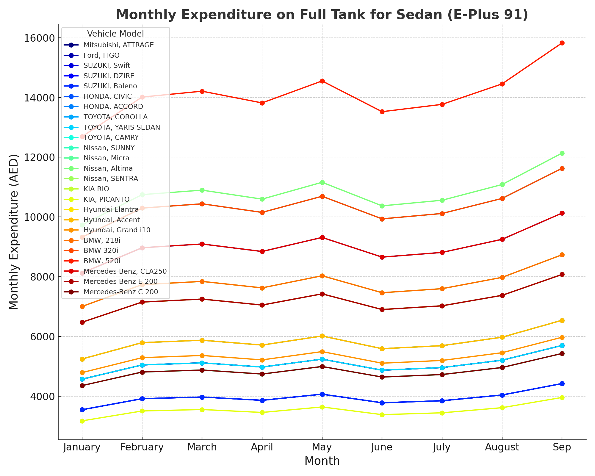 Sedan E Plus 91 Colorful Monthly Expenditure Line Plot