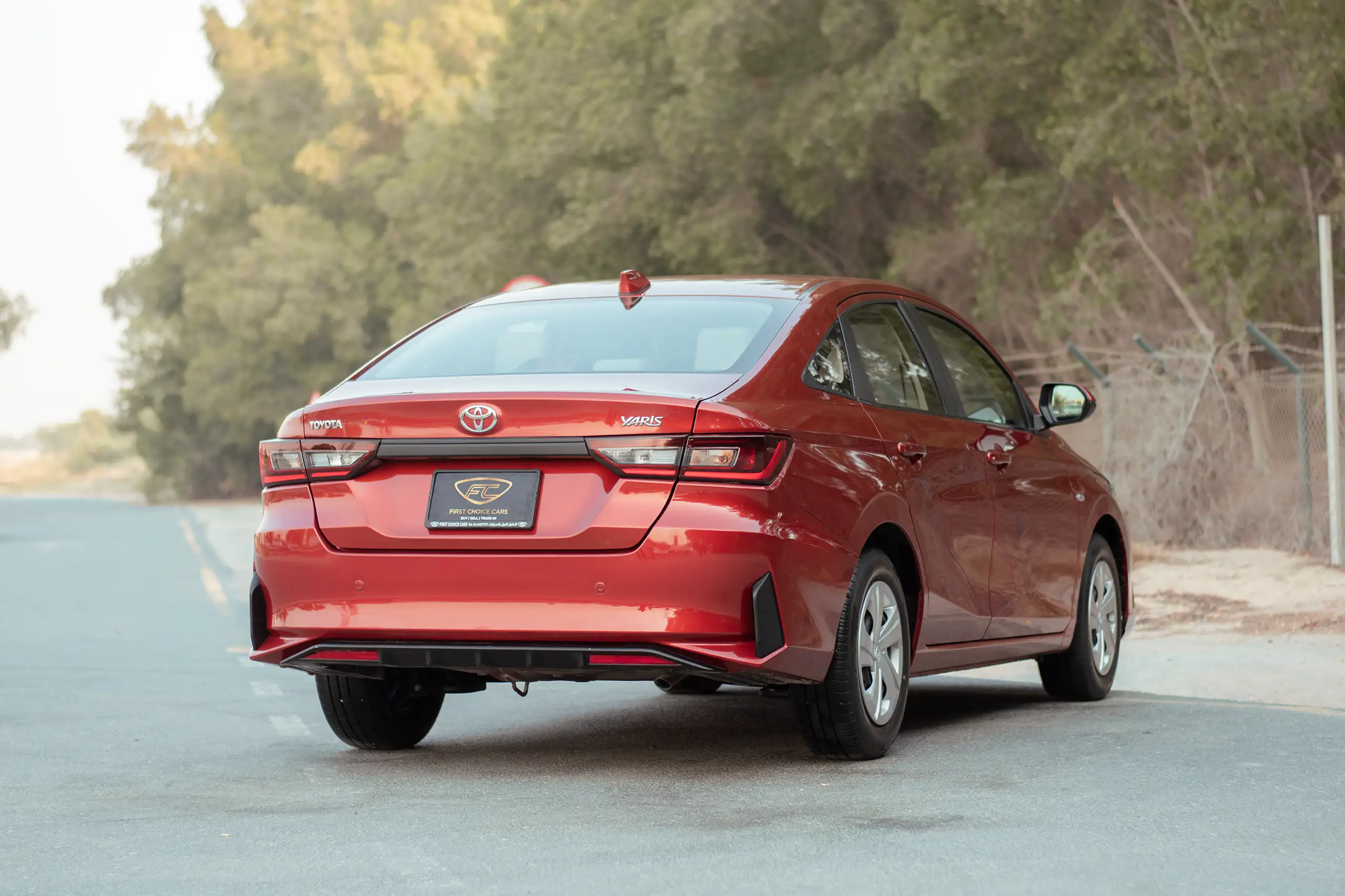 Used 2023 Toyota Yaris 1.5L E Red – Right Back Diagonal (45°) View at First Choice Cars Sharjah