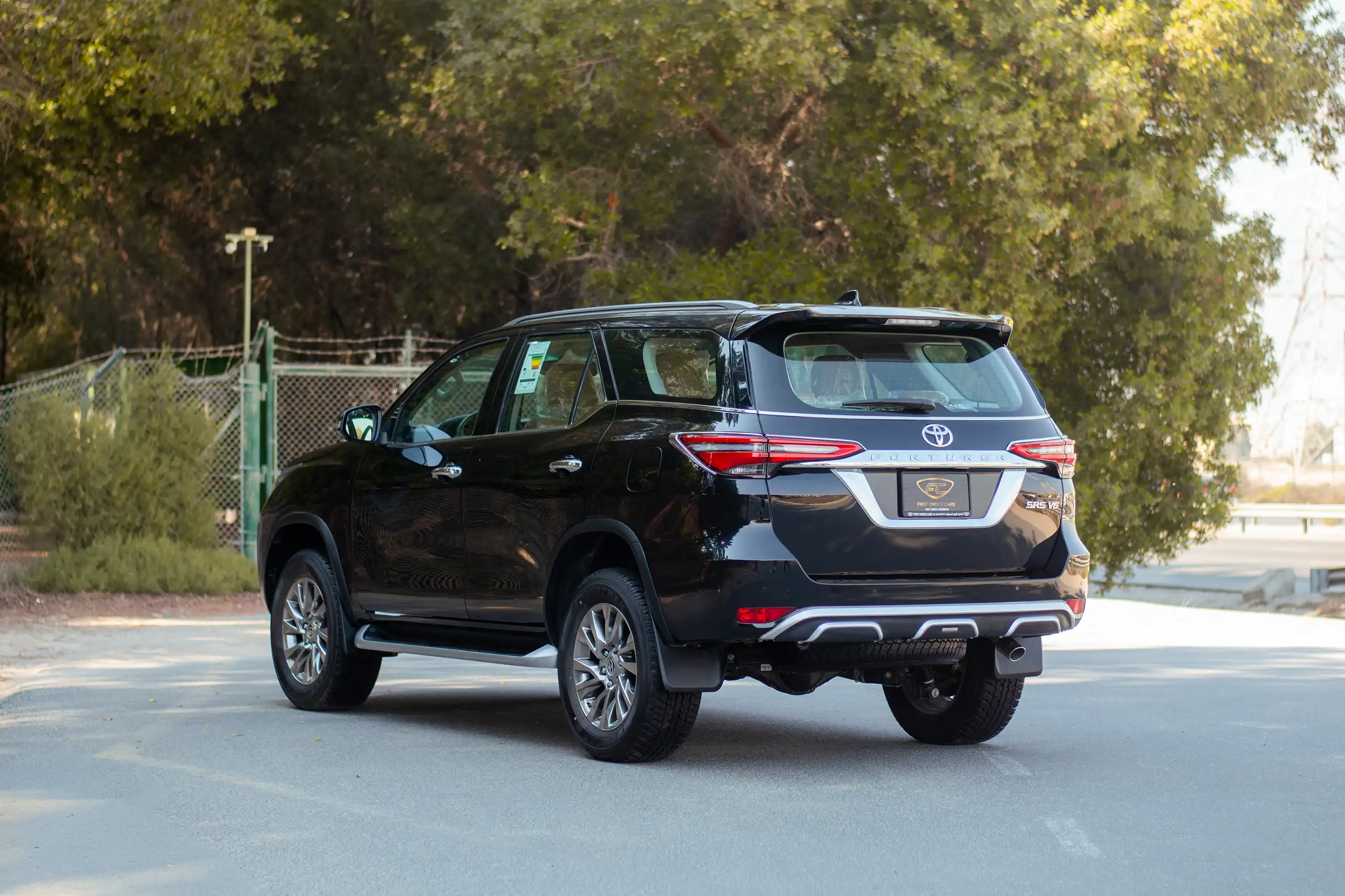 Used 2024 Toyota Fortuner VXR Black – Left Back Diagonal (45°) View at First Choice Cars Sharjah
