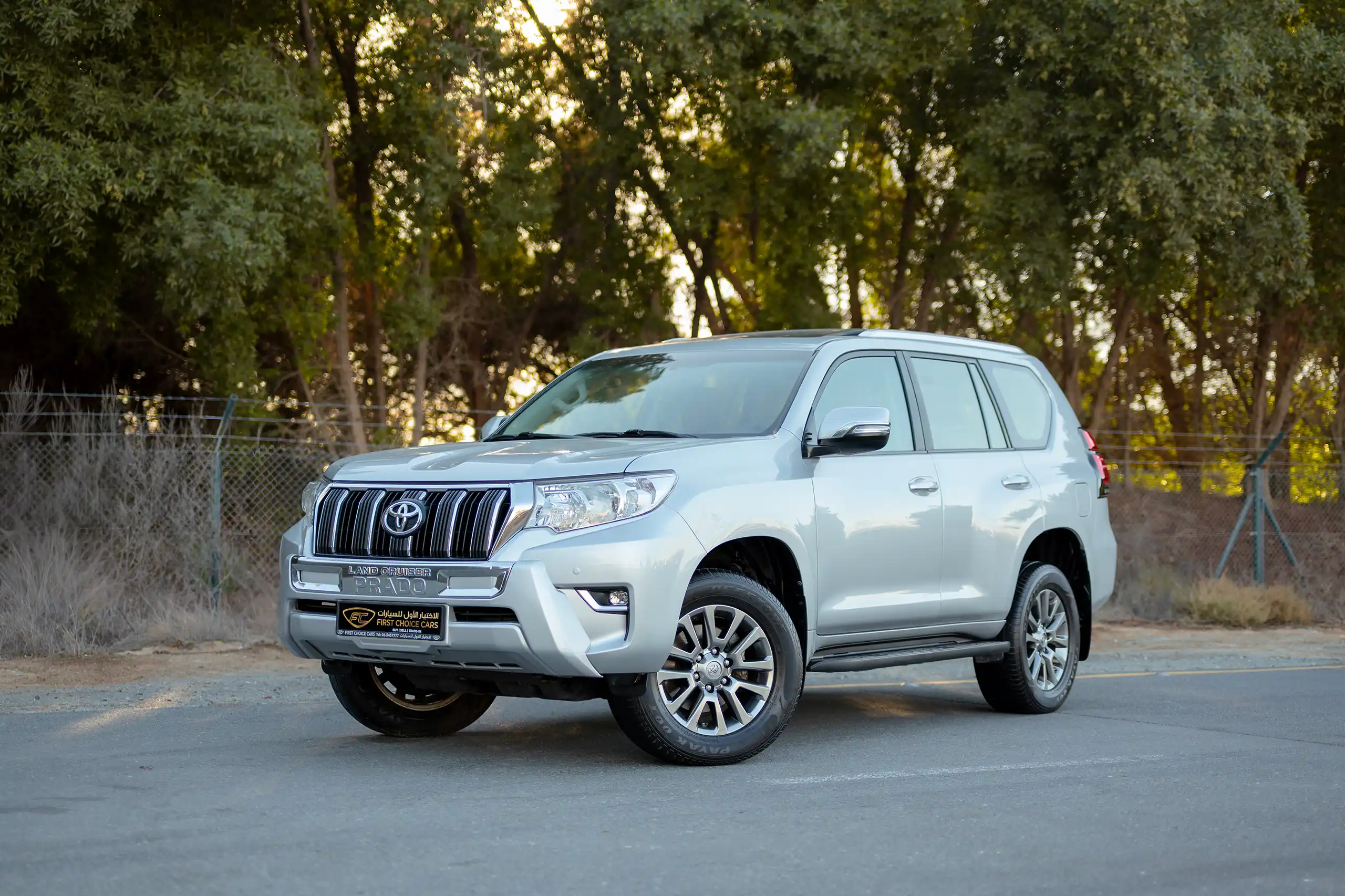 Used 2019 Toyota Prado VXR Silver – Left Front Diagonal (45°) View at First Choice Cars Sharjah