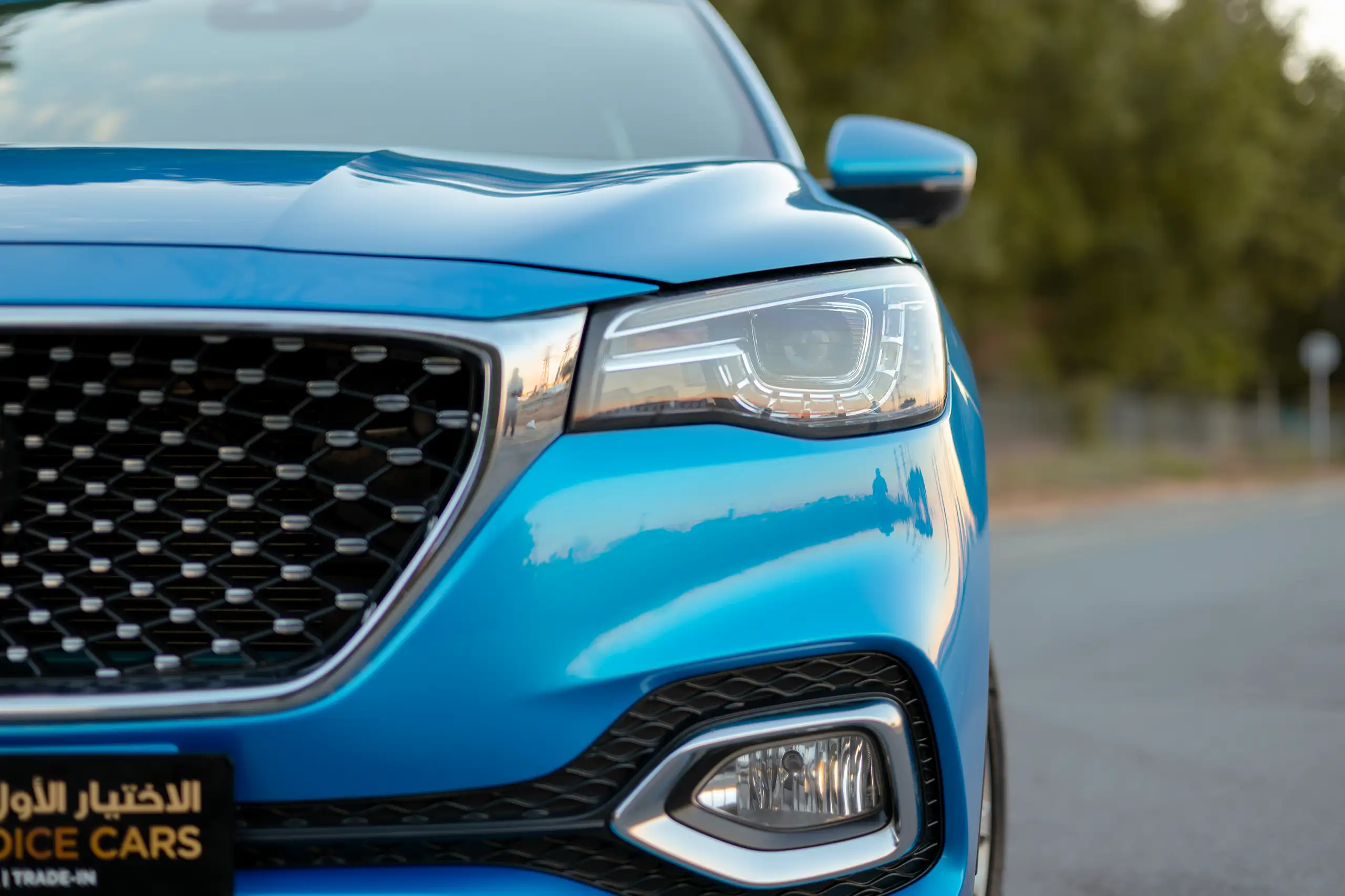 Used 2021 MG HS Luxury Blue – Headlight Close-up at First Choice Cars Sharjah