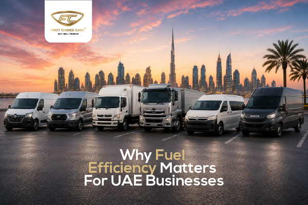 Six commercial vans and a light truck lined up in front of the Dubai skyline at sunset