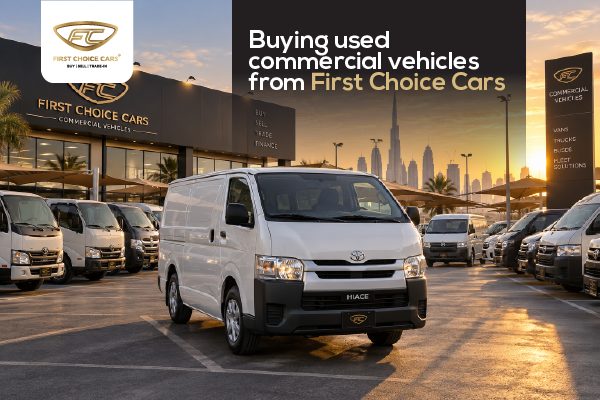 White Toyota Hiace van parked among other vans and light trucks at a First Choice Cars commercial vehicle showroom