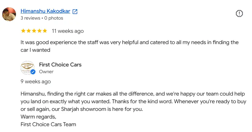A second customer review praising First Choice Cars