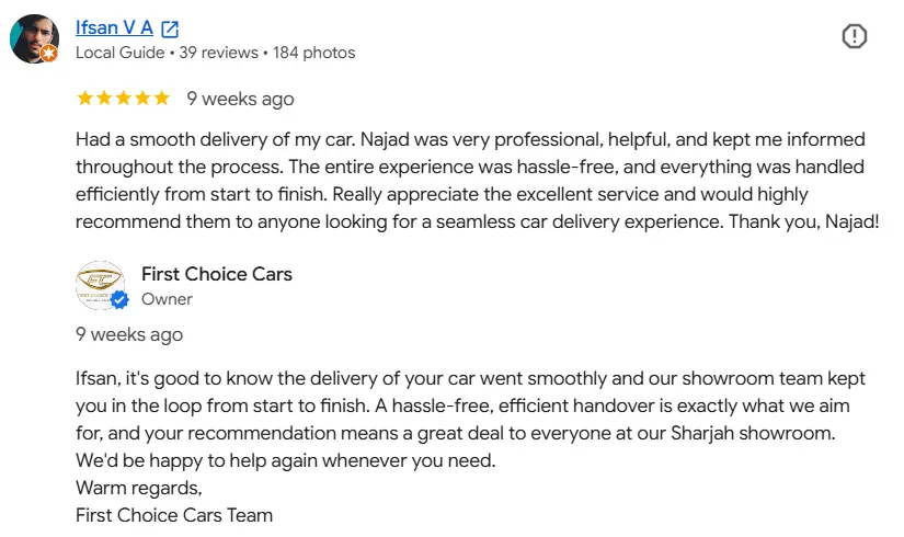 A customer review about a smooth delivery from First Choice Cars