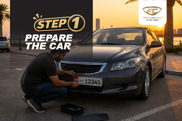 Step 1, prepare the car, with a seller cleaning a car's number plate