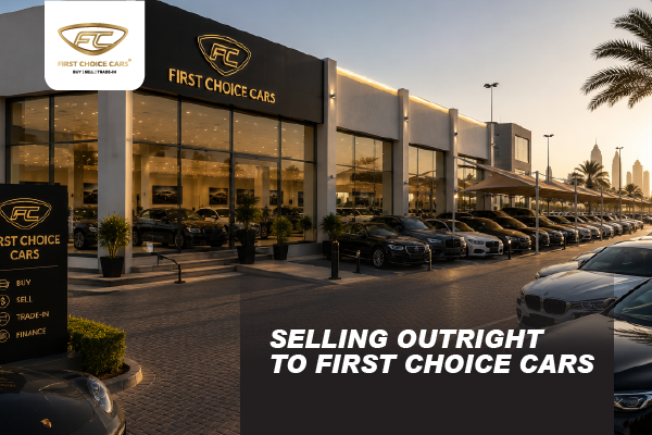 First Choice Cars showroom frontage at sunset with rows of cars parked outside