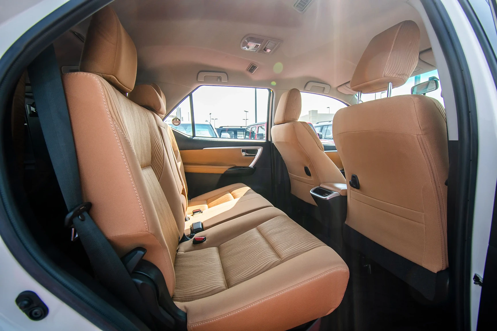 Used 2019 Toyota Fortuner GXR in White – Rear Passenger Side Cabin View for Sale at First Choice Cars Dubai Sharjah