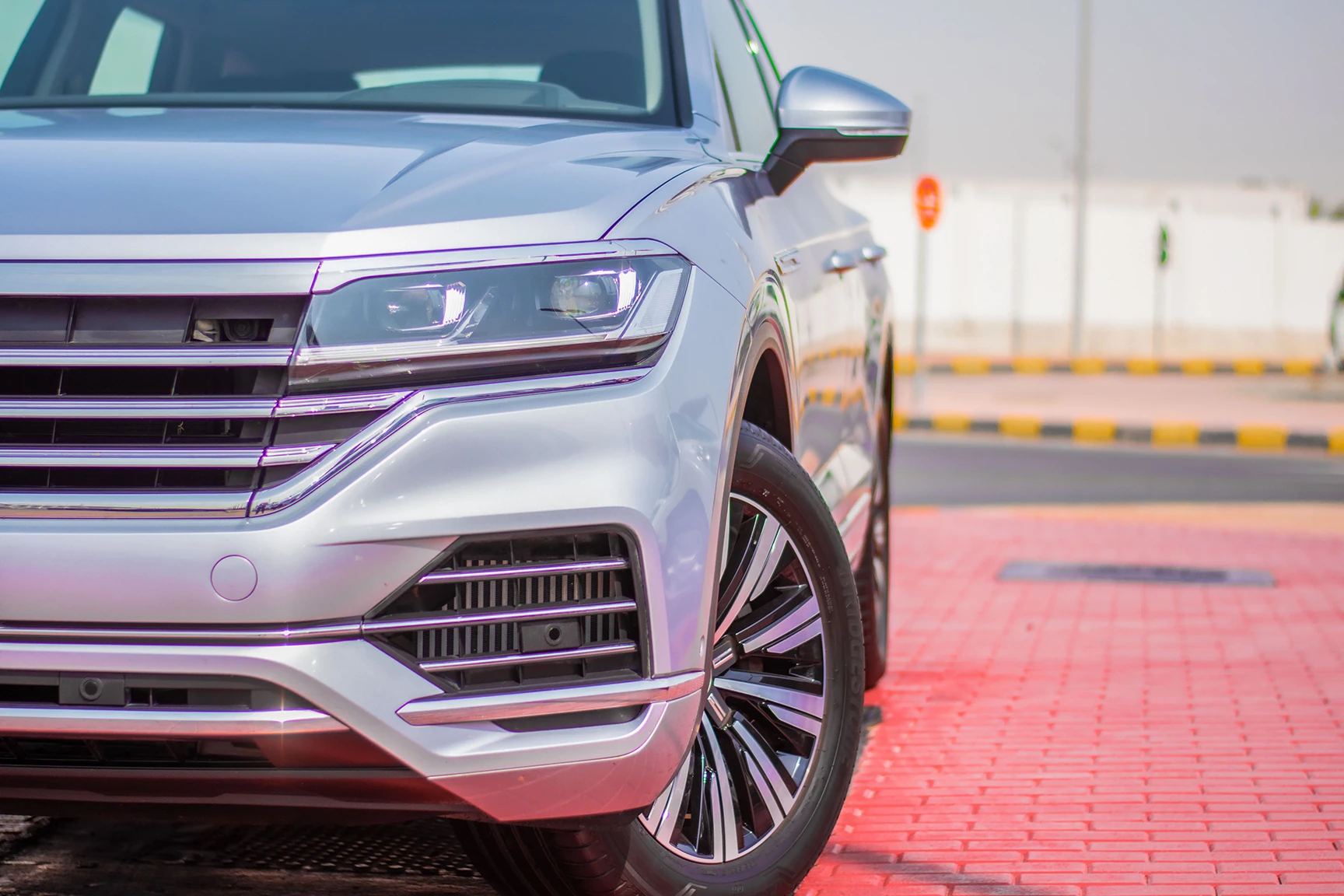 Used 2020 Volkswagen Touareg Atmosphere Comfortline Silver – Headlight Close-up at First Choice Cars Sharjah