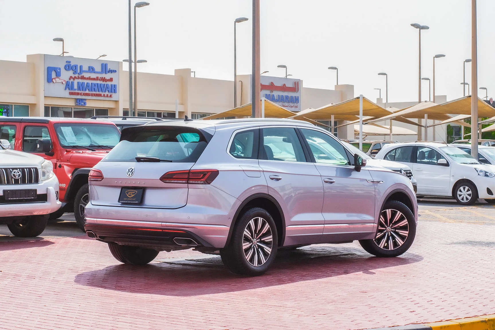 Used 2020 Volkswagen Touareg Atmosphere Comfortline Silver – Right Back Diagonal (45°) View at First Choice Cars Sharjah
