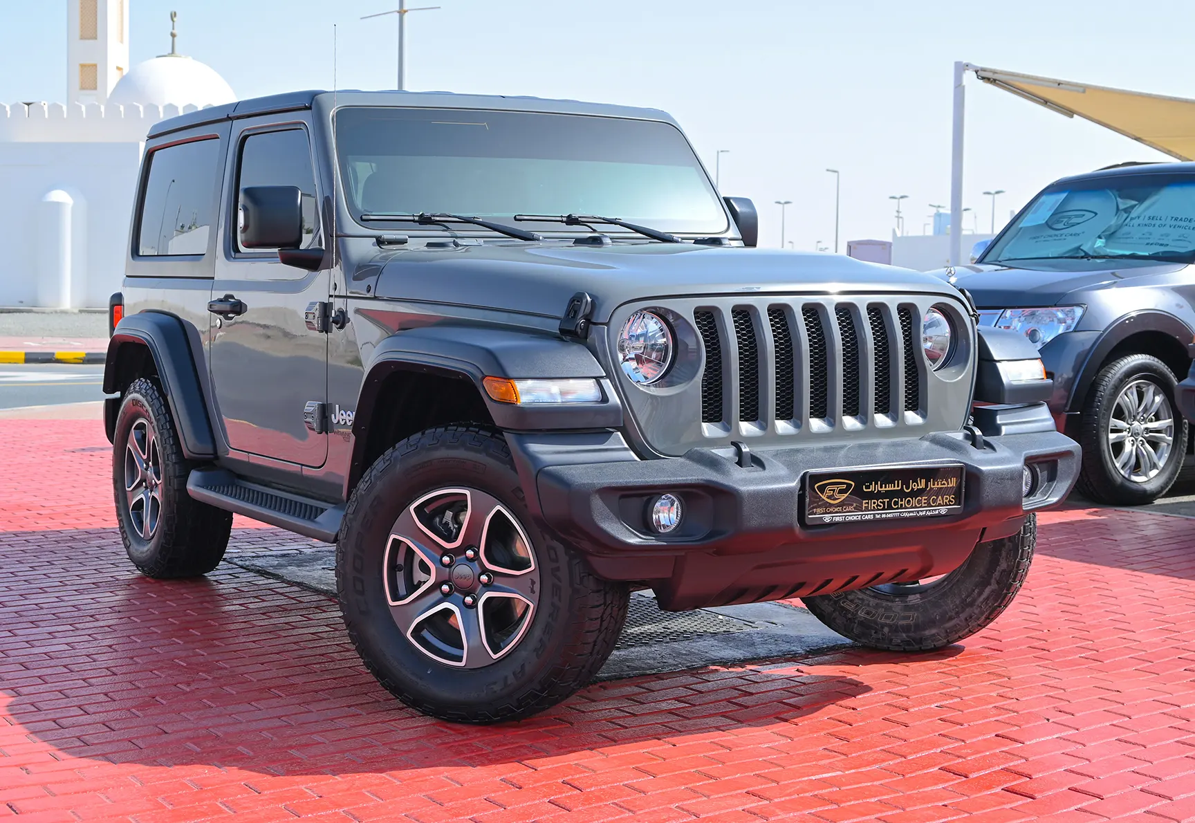 Used 2021 Jeep Wrangler Sport Grey – Right Front Diagonal (45°) View at First Choice Cars Sharjah