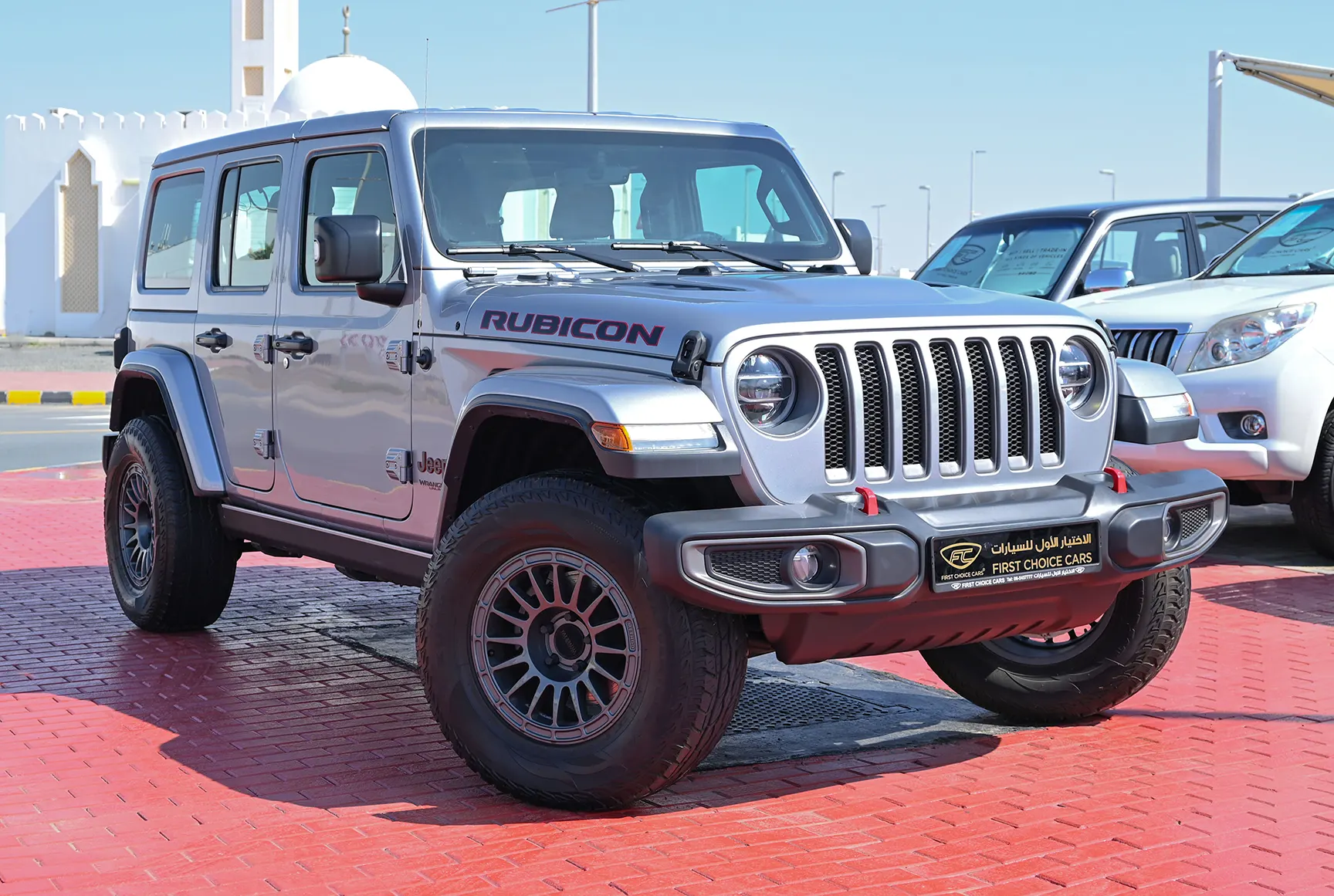Used 2020 Jeep Wrangler Unlimited Rubicon Silver – Right Front Diagonal (45°) View at First Choice Cars Sharjah