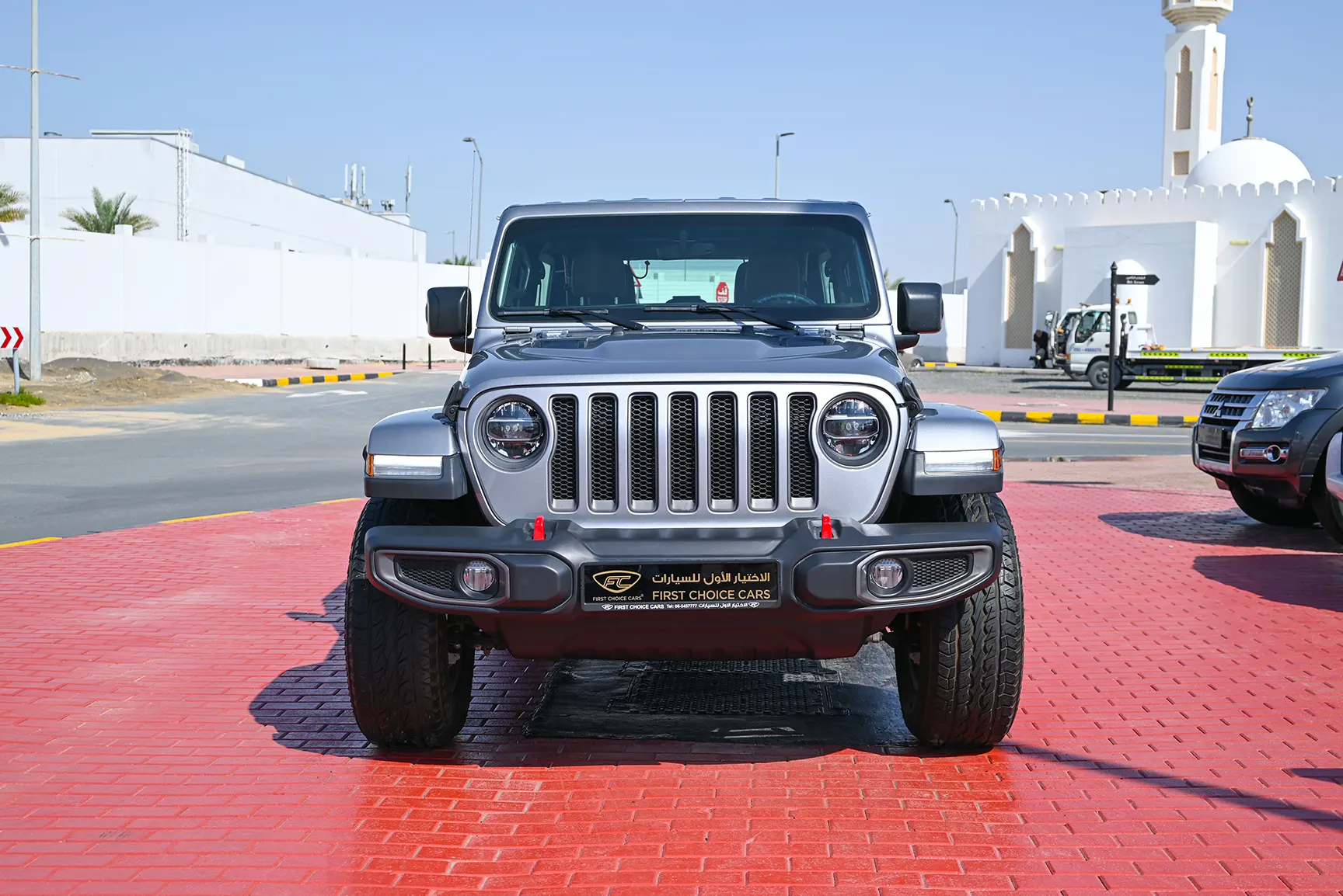 Used 2020 Jeep Wrangler Unlimited Rubicon Silver – Front View at First Choice Cars Sharjah