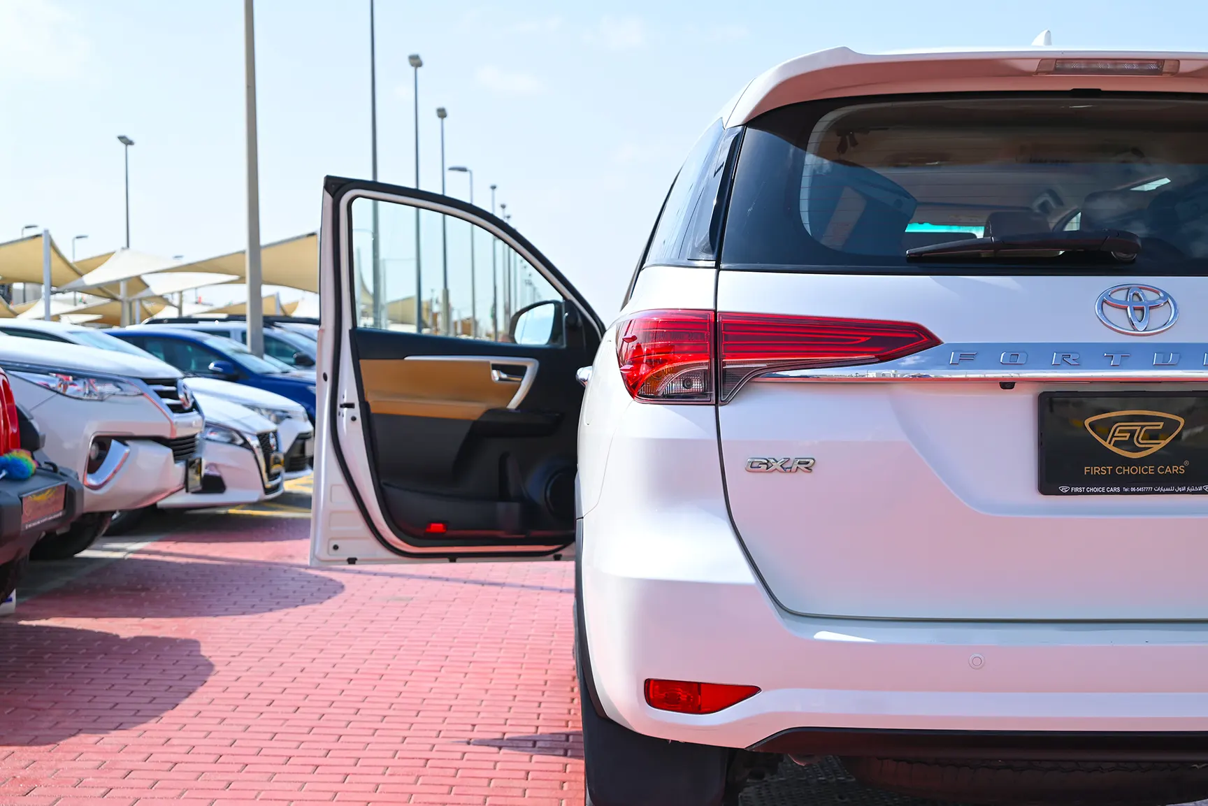 Used 2017 Toyota Fortuner GXR in White – Taillight Close-up for Sale at First Choice Cars Dubai Sharjah