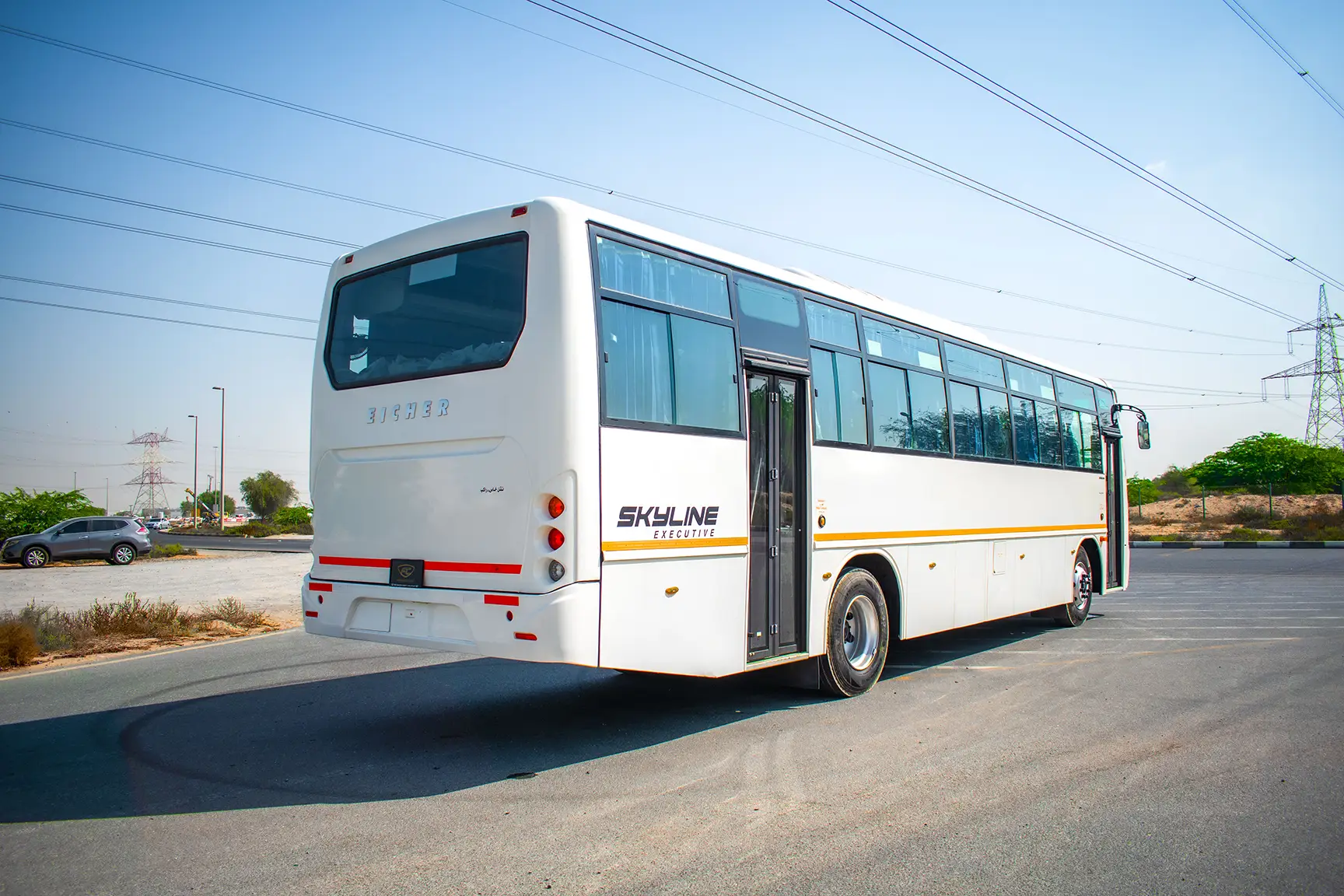 Used 2019 Eicher Skyline Bus 58-Seater White – Right Back Diagonal (45°) View at First Choice Cars Sharjah