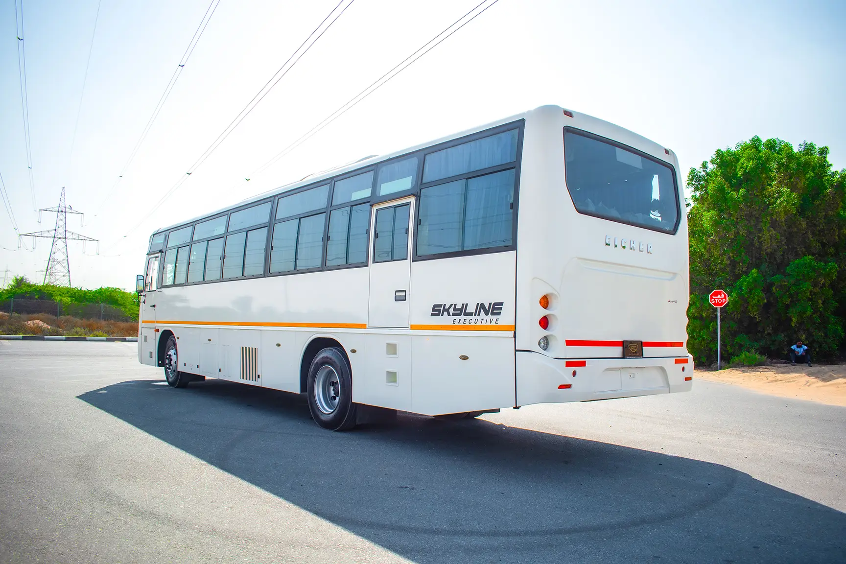 Used 2019 Eicher Skyline Bus 58-Seater White – Left Back Diagonal (45°) View at First Choice Cars Sharjah