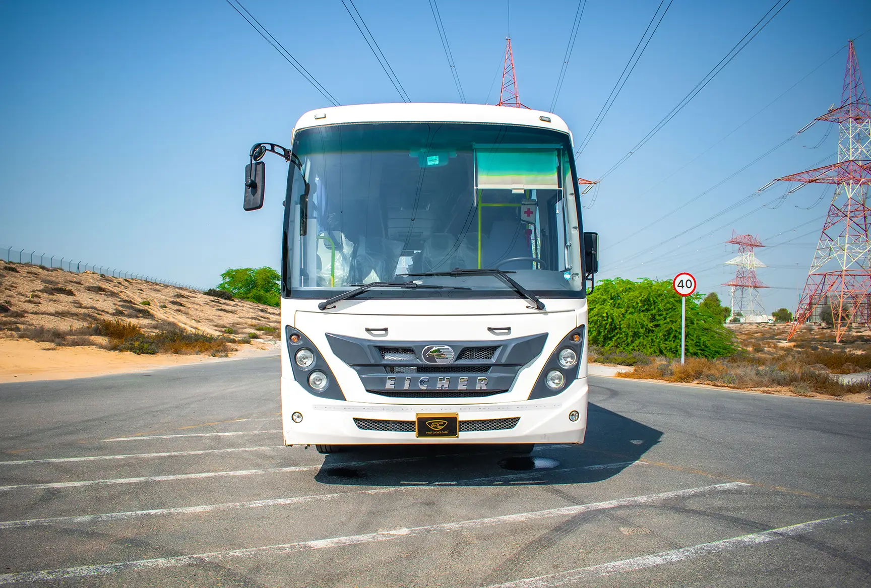 Used 2019 Eicher Skyline Bus 58-Seater White – Front View at First Choice Cars Sharjah