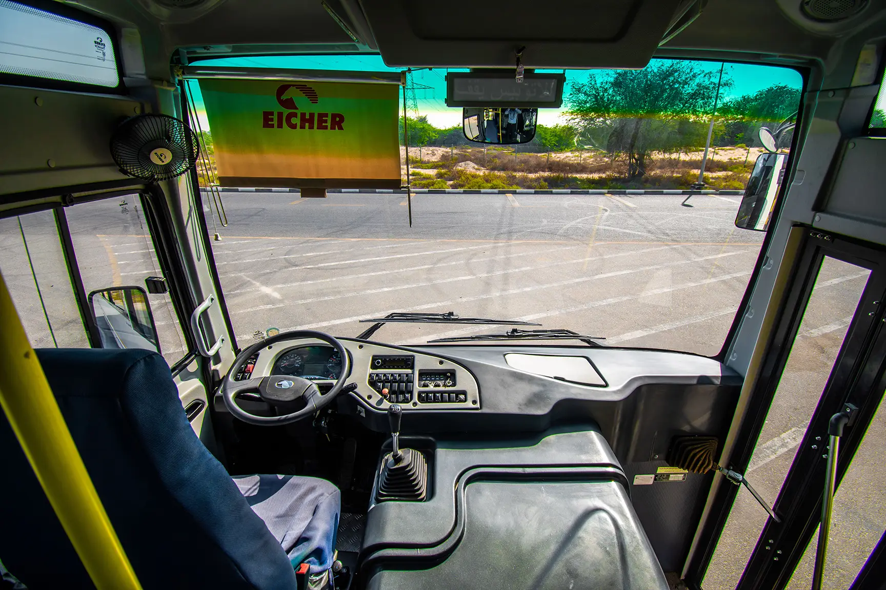 Used 2019 Eicher Skyline Bus 58-Seater White – Front Cabin / Dashboard Full View at First Choice Cars Sharjah