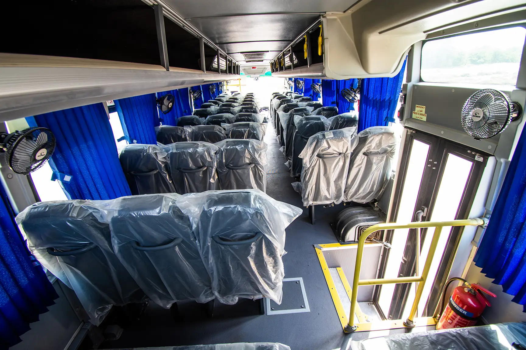 Used 2019 Eicher Skyline Bus 58-Seater White – Rear Passenger Side Cabin View at First Choice Cars Sharjah