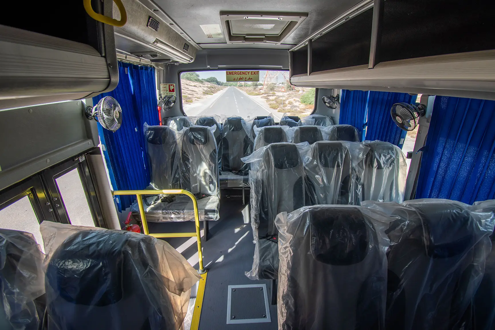 Used 2019 Eicher Skyline Bus 58-Seater White – Rear Passenger Side Cabin View at First Choice Cars Sharjah