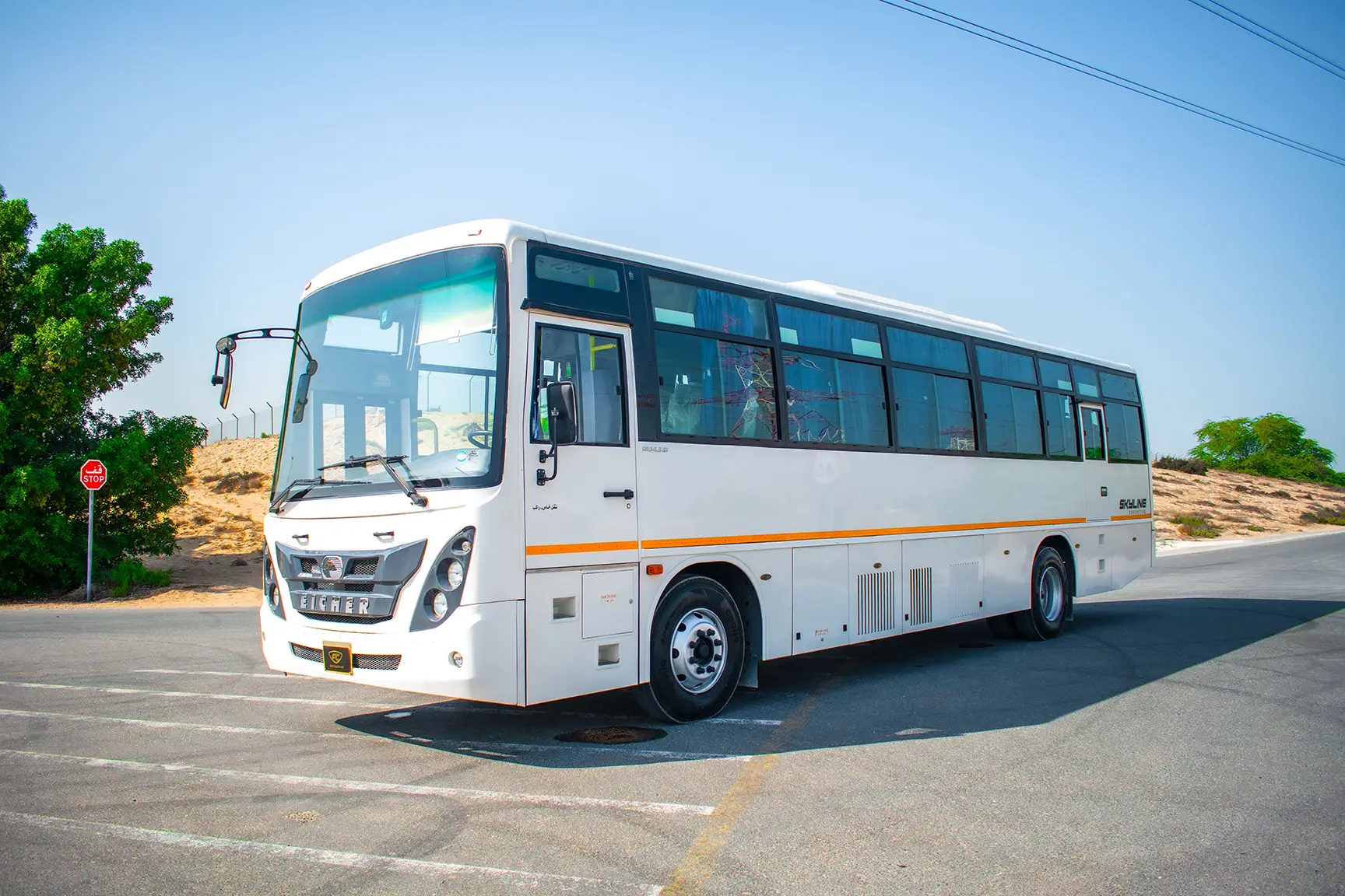 Used 2019 Eicher Skyline Bus 58-Seater White – Left Front Diagonal (45°) View at First Choice Cars Sharjah