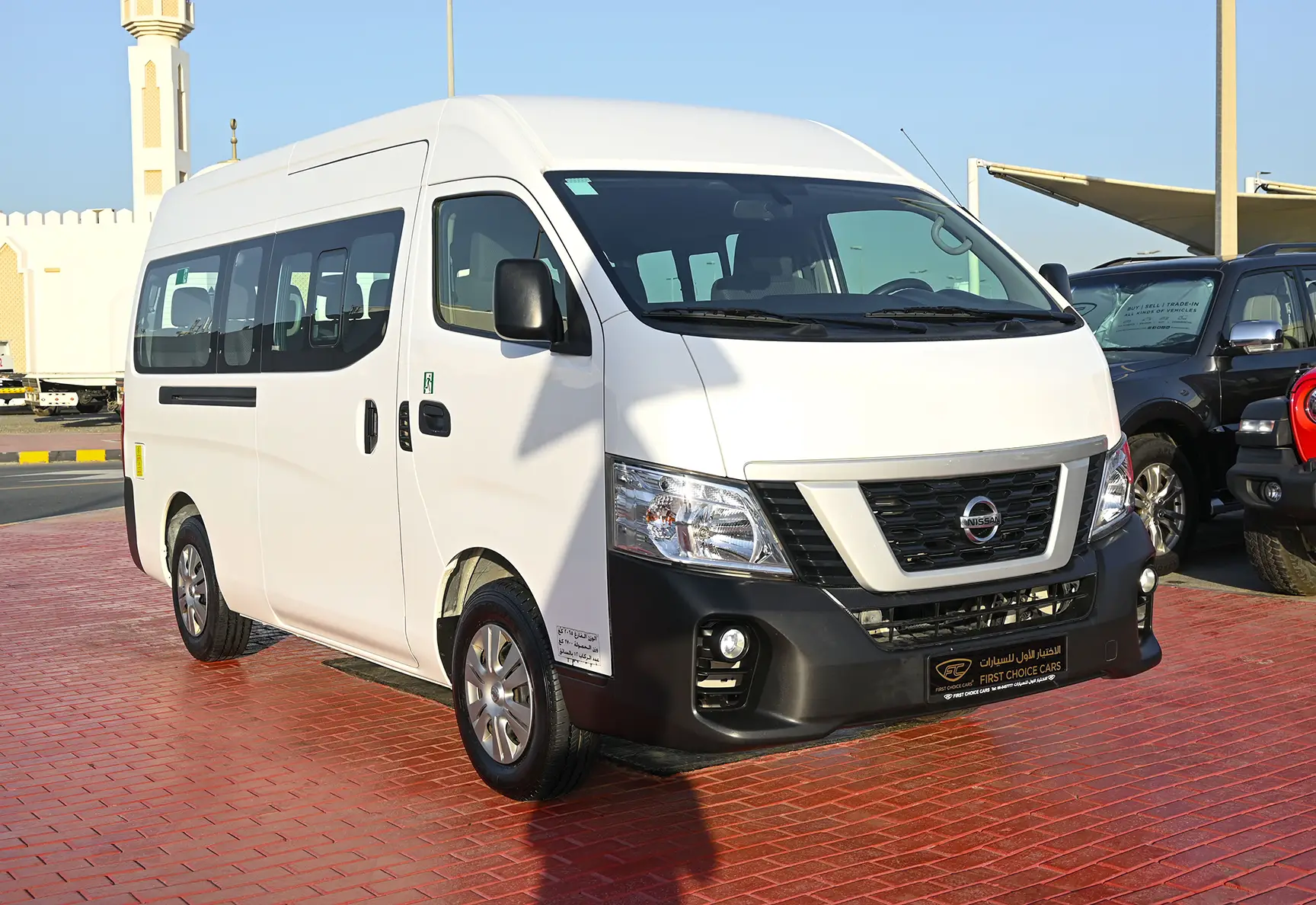 Used 2021 Nissan Urvan High Roof White – Right Front Diagonal (45°) View at First Choice Cars Sharjah