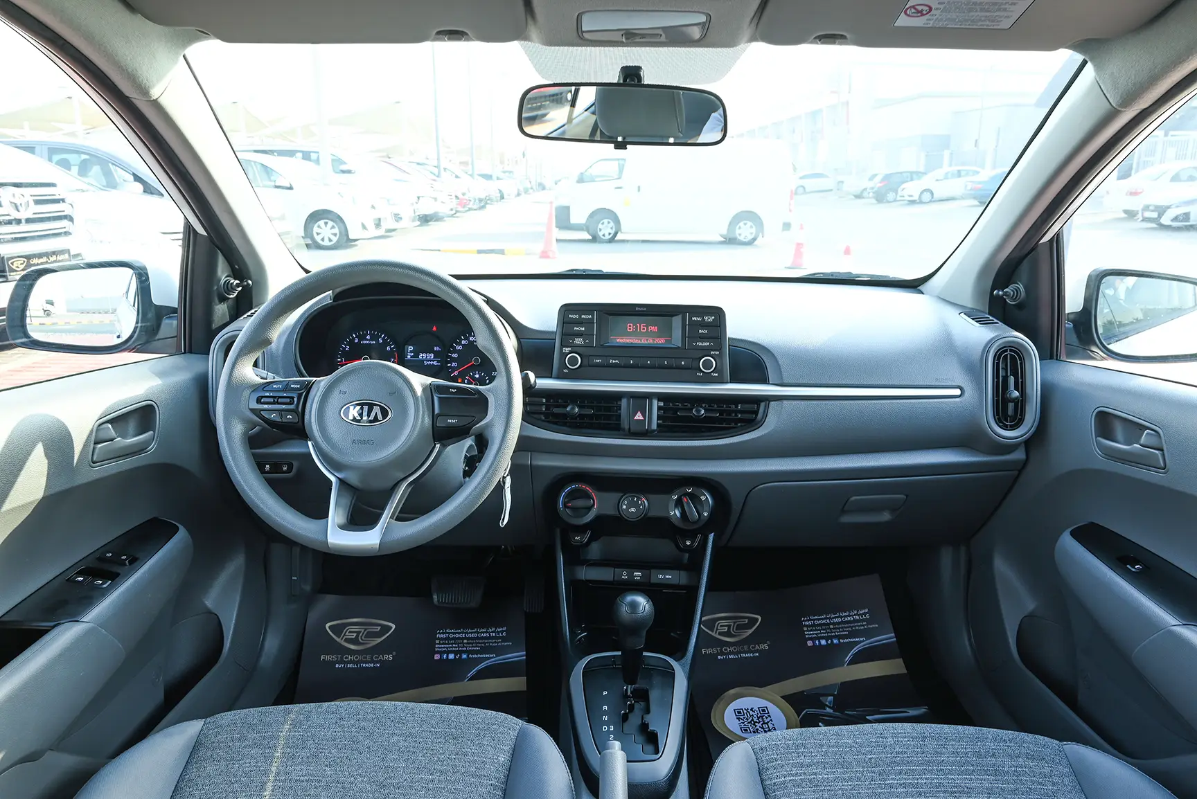 Used 2020 Kia Picanto EX in White – Front Cabin / Dashboard Full View for Sale at First Choice Cars Dubai Sharjah