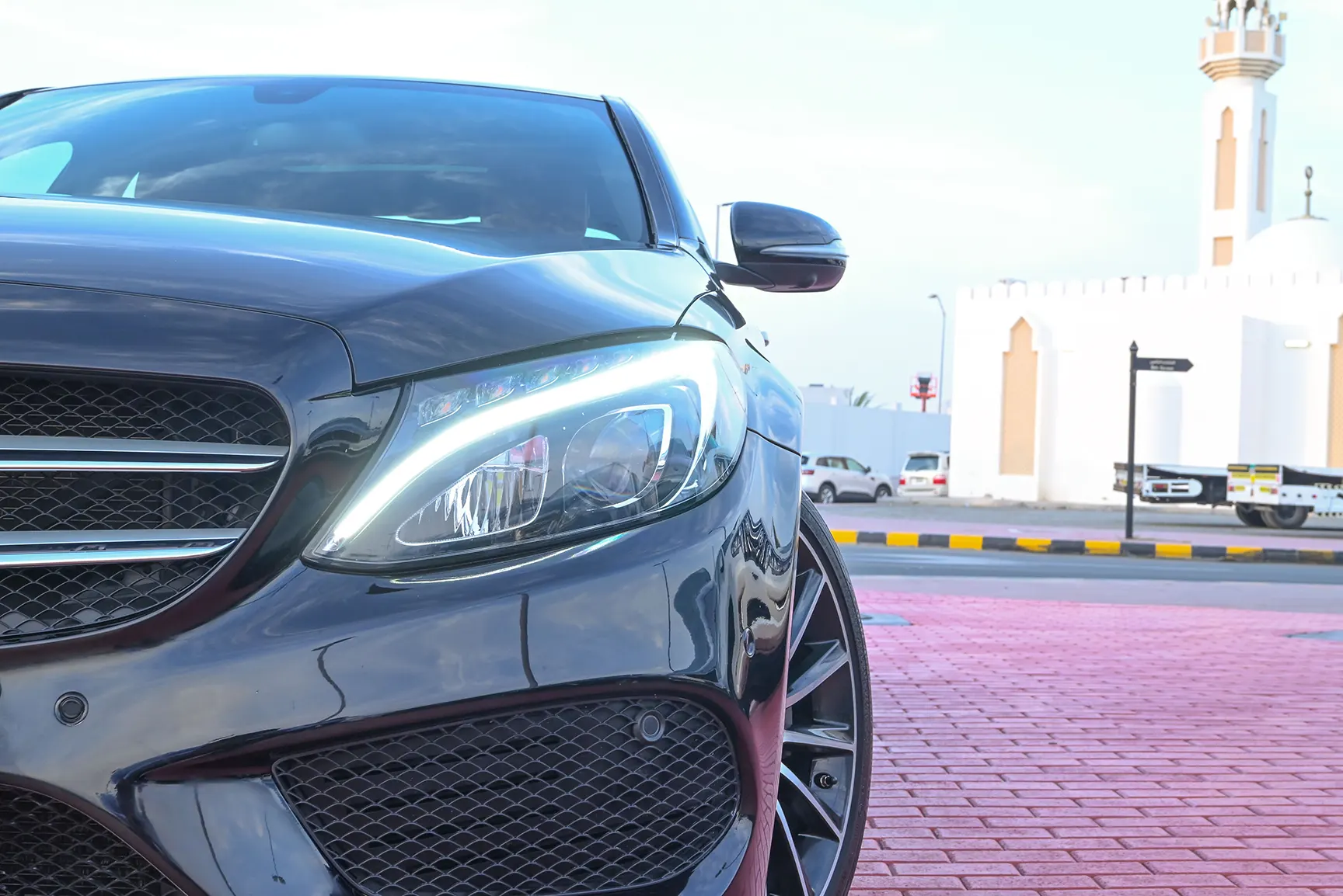Used 2016 Mercedes-Benz C-Class C 200 Black – Headlight Close-up at First Choice Cars Sharjah