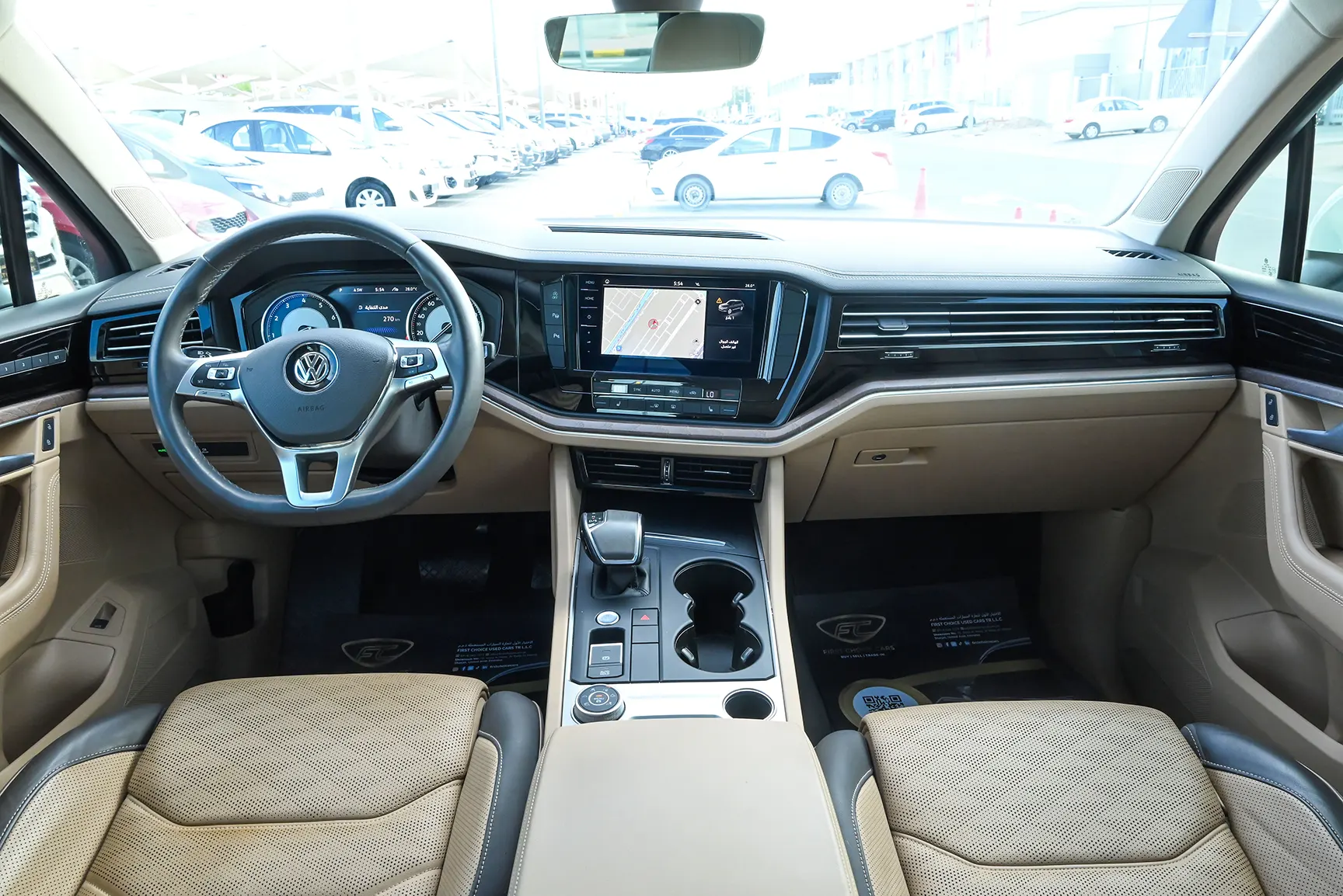 Used 2018 Volkswagen Touareg Atmosphere Highline White – Front Cabin / Dashboard Full View at First Choice Cars Sharjah