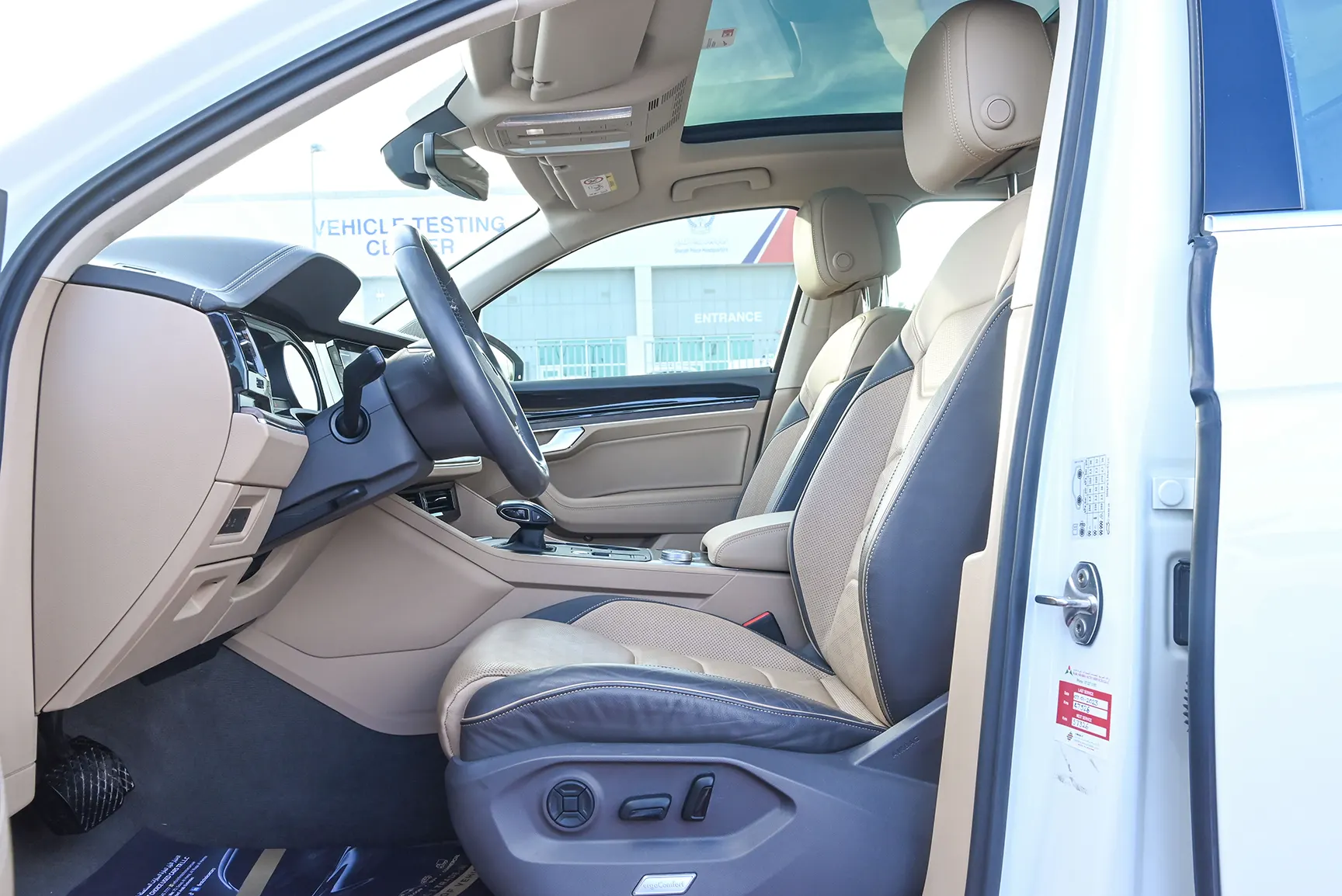 Used 2018 Volkswagen Touareg Atmosphere Highline White – Front Driver Side Cabin View at First Choice Cars Sharjah